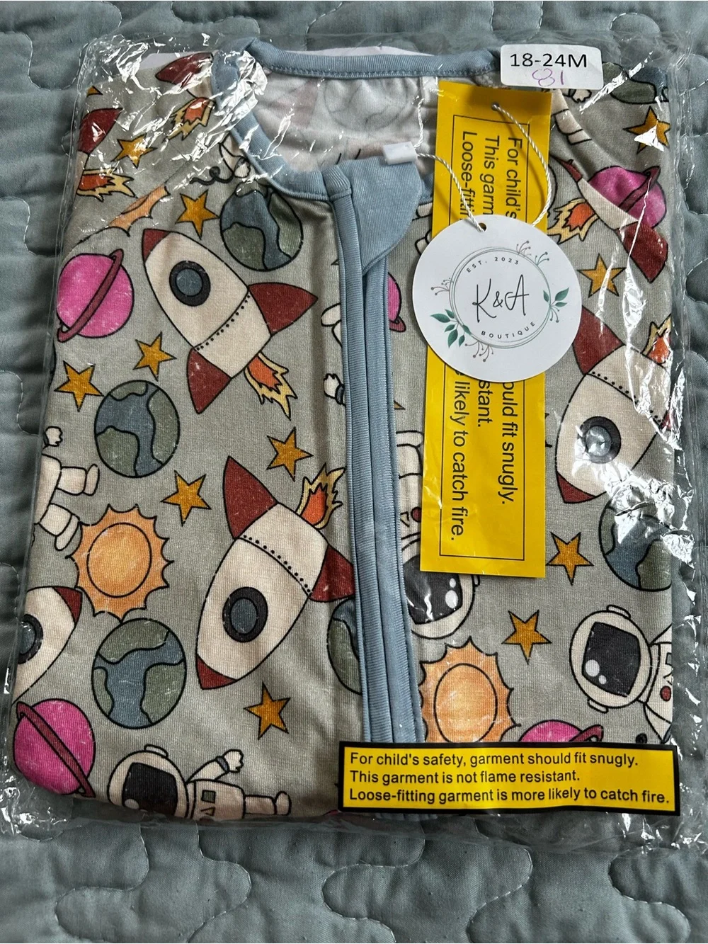 Kids Space Rocket Zip Pajamas - Gray with Multicolor Prints